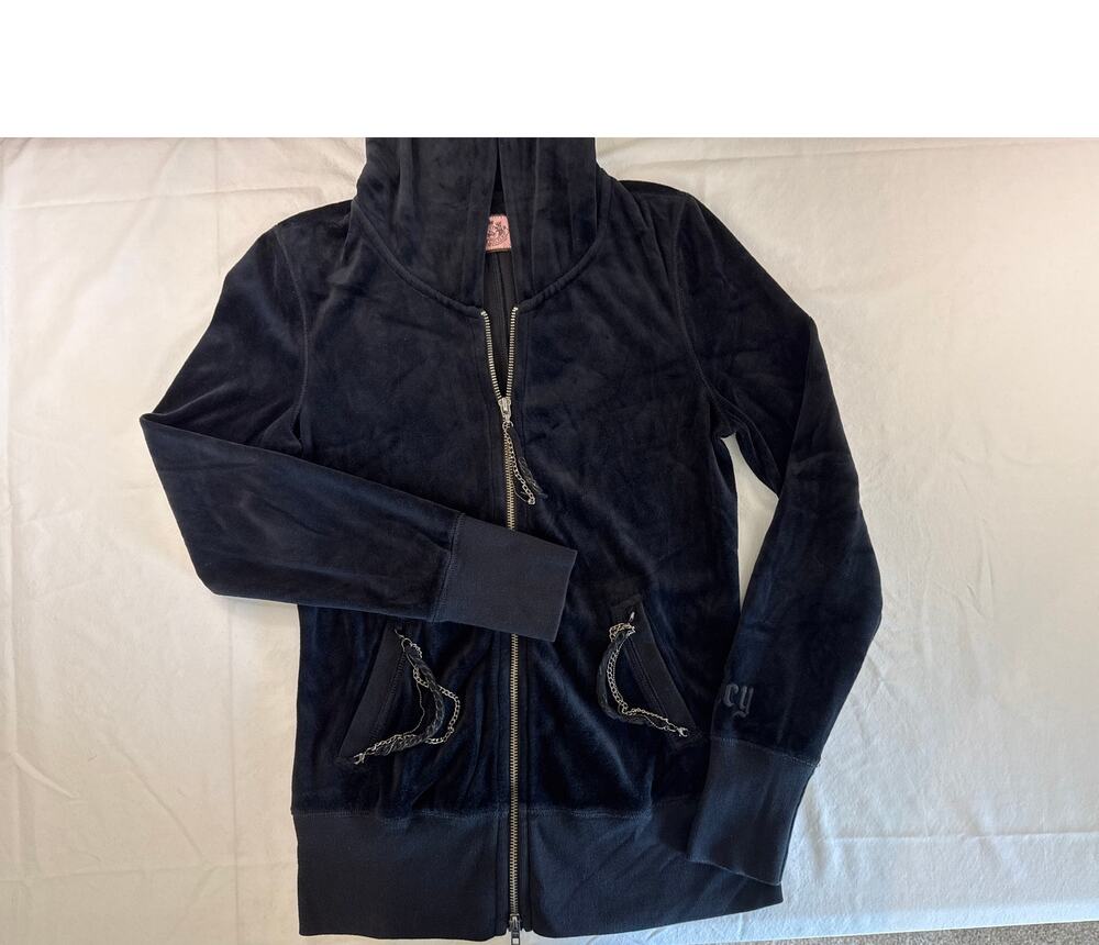 Juicy Couture Black Velour Zip Up Hoodie Y2K Chain Detail Gold Zipper Medium